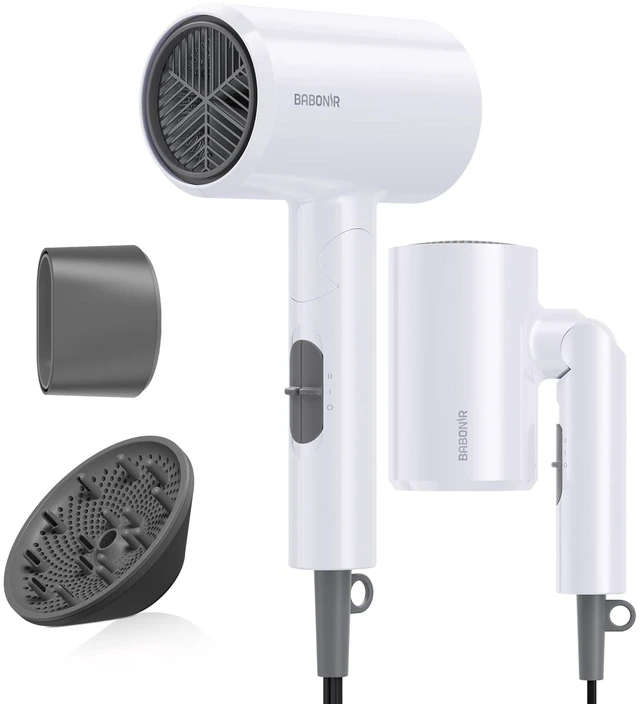 Main image of 1875W Hair Dryer with Diffuser for Curly Hair, Foldable, White | Fast Drying Ionic Blow Dryer for All Hair Types, 3 Heat & 2 Speed, Concentrator & Diffuser, Compact for Home, Women & Men