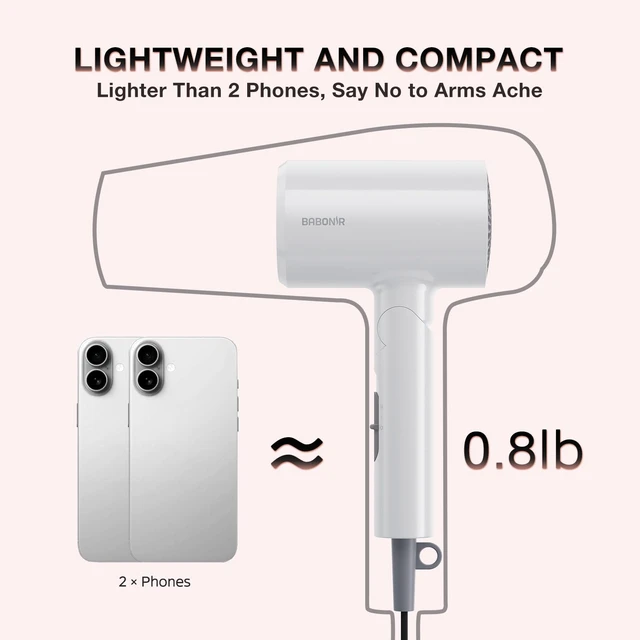 Alt view image 7 of 7 - 1875W Hair Dryer with Diffuser for Curly Hair, Foldable, White | Fast Drying Ionic Blow Dryer for All Hair Types, 3 Heat & 2 Speed, Concentrator & Diffuser, Compact for Home, Women & Men