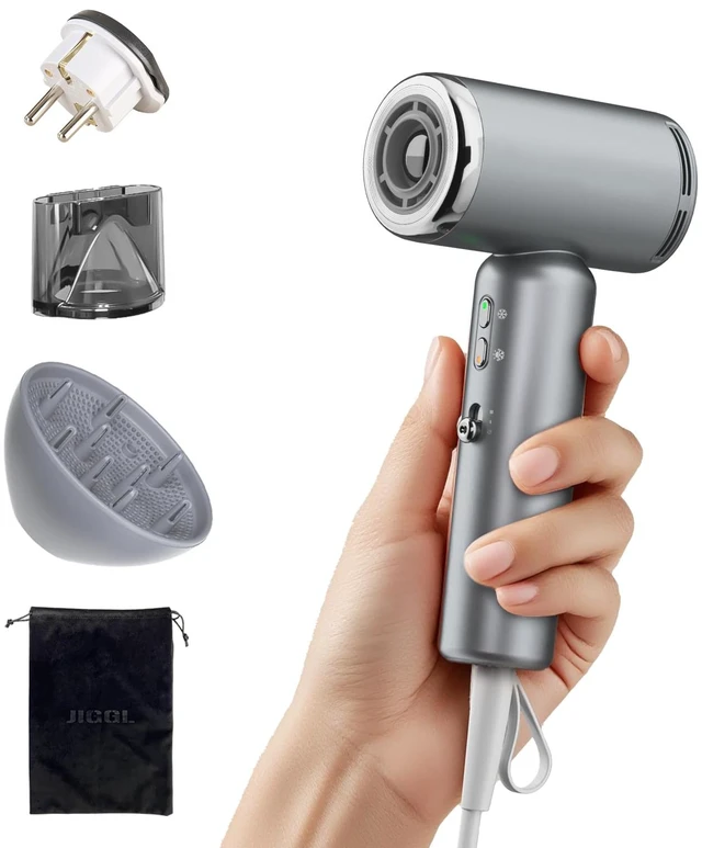Main image of Dual-Voltage High-Speed Mini Travel Hair Dryer with Ionic in Gray | Small as a Phone|100-240V International Travel|Lightweight|Quiet|Cool Shot|Diffuser,European Adapter & Pouch|All Hair Types