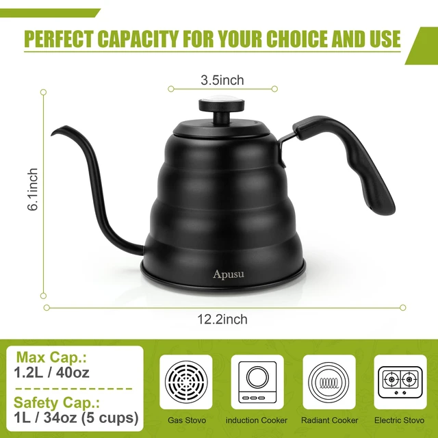 Alt view image 2 of 6 - Tea Kettle For Stovetop,Gooseneck Pour Over Kettle,Thermometer,40oz,Black | Tea Kettle,Stainless Steel Induction Stove Top Kettle,Coffee pot,1.2L,1.3QT