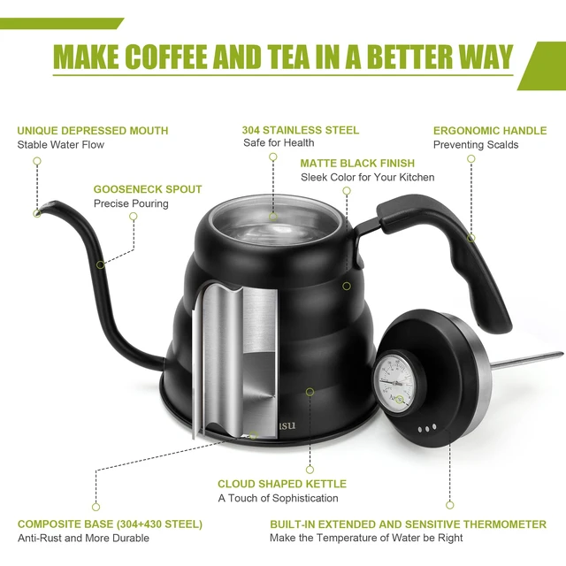 Alt view image 5 of 6 - Tea Kettle For Stovetop,Gooseneck Pour Over Kettle,Thermometer,40oz,Black | Tea Kettle,Stainless Steel Induction Stove Top Kettle,Coffee pot,1.2L,1.3QT
