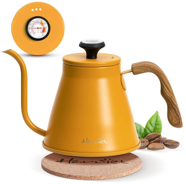 Main image of Gooseneck Kettle with Thermometer for Pour Over Coffee and Tea, 37 fl oz, Stainless Steel, Durable 3-Layer Base, Ideal Spout for Precision Pouring, Compatible with all Stove Tops, Yellow