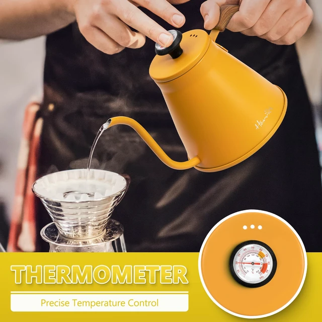 Alt view image 6 of 7 - Gooseneck Kettle with Thermometer for Pour Over Coffee and Tea, 37 fl oz, Stainless Steel, Durable 3-Layer Base, Ideal Spout for Precision Pouring, Compatible with all Stove Tops, Yellow