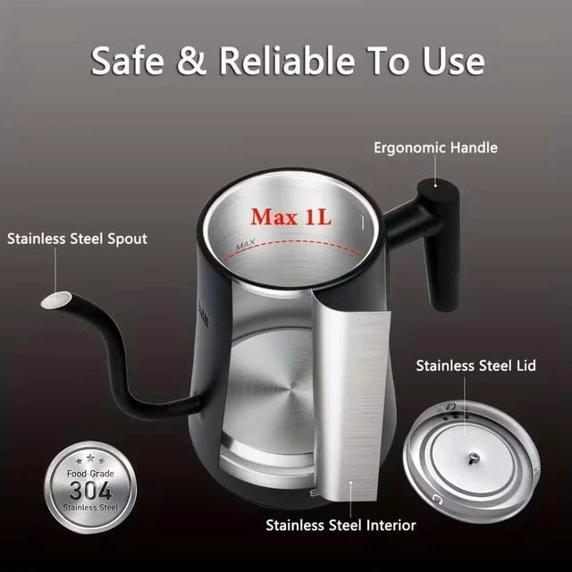 Alt view image 6 of 7 - Gooseneck Electric Kettle with ±1°F Temperature Control - 1.0L Pour Over Coffee Kettle & Tea Maker, 1200W Fast Heating, 24H Keep Warm, Built-in Brew Timer, 100% Stainless Steel Interior