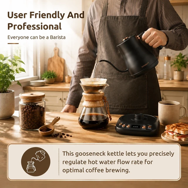 Alt view image 3 of 6 - 1L Electric Gooseneck Water Kettles with 6 Temperature Control Presets | 32oz, 2H Keep-warm,1200W Quick Boiling, Stainless Steel Inner & Lid, Pour Over Coffee & Tea Pot, Auto Shut-off, Matte Black
