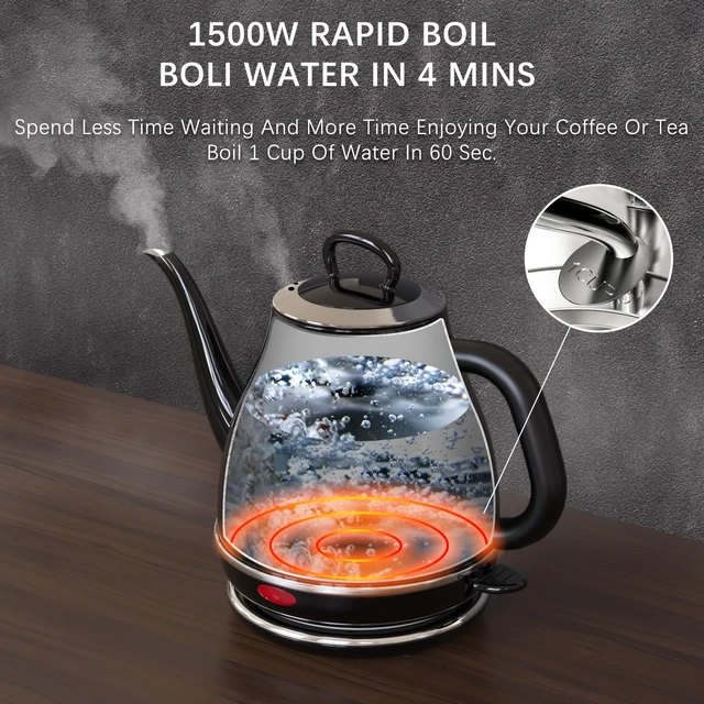 Alt view image 3 of 7 - Electric Gooseneck Kettle, 1L 1500W Fast Boil, 100% Stainless Steel BPA Free Pour-Over Coffee & Tea Kettle, Water Boiler with Auto Shut & Boil-Dry Protection, Black