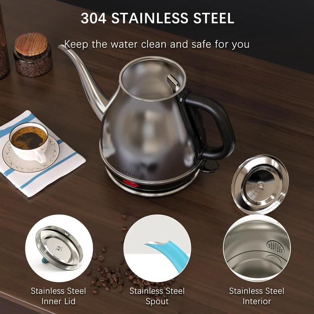 Alt view image 4 of 7 - Electric Gooseneck Kettle, 1L 1500W Fast Boil, 100% Stainless Steel BPA Free Pour-Over Coffee & Tea Kettle, Water Boiler with Auto Shut & Boil-Dry Protection, Silver