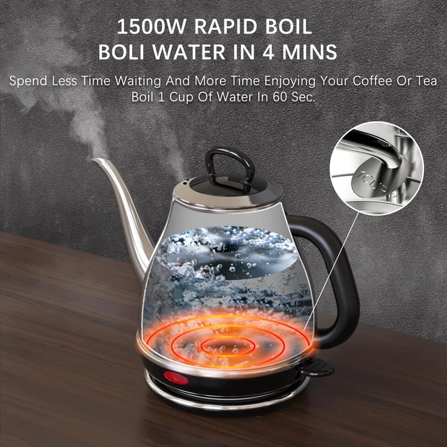 Alt view image 3 of 7 - Electric Gooseneck Kettle, 1L 1500W Fast Boil, 100% Stainless Steel BPA Free Pour-Over Coffee & Tea Kettle, Water Boiler with Auto Shut & Boil-Dry Protection, Silver