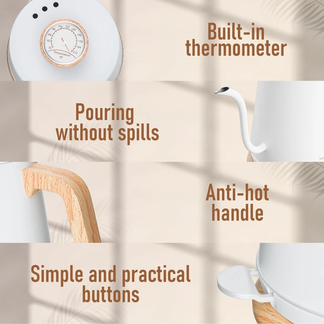 Alt view image 6 of 7 - Electric Gooseneck Kettle with Thermometer, 1.0L Pour Over Hot Water Kettle for Coffee and Tea, 1000W, Auto Shutoff, Boil-Dry Protection, White