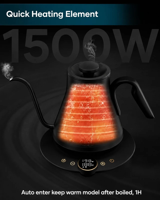 Alt view image 4 of 7 - Gooseneck Electric Kettle with ±1 Temperature Control 0.9 Liter | 1500W Quick Heating, Stainless Steel Inner, Pour Over Coffee & Tea, Keep Warm, Auto Shut-Off, Built-in Brew Timer, Black