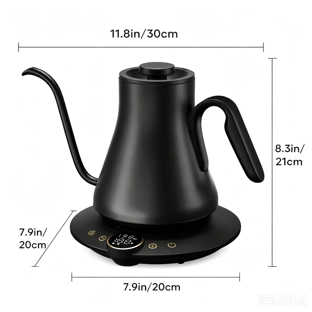 Alt view image 7 of 7 - Gooseneck Electric Kettle with ±1 Temperature Control 0.9 Liter | 1500W Quick Heating, Stainless Steel Inner, Pour Over Coffee & Tea, Keep Warm, Auto Shut-Off, Built-in Brew Timer, Black