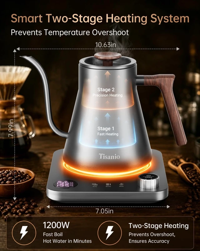 Alt view image 2 of 7 - Gooseneck Electric Kettle with Temperature Control, 0.9L, Gray Wood | ±1°F Precision Pour Over Kettle, LCD Dual Display, Smart Two-Stage Heating, 2H Keep Warm, 304 Stainless Steel Interior