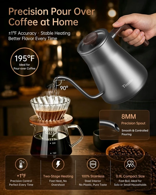 Alt view image 3 of 7 - Gooseneck Electric Kettle with Temperature Control, 0.9L, Gray Wood | ±1°F Precision Pour Over Kettle, LCD Dual Display, Smart Two-Stage Heating, 2H Keep Warm, 304 Stainless Steel Interior