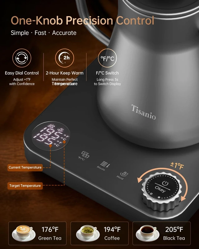 Alt view image 4 of 7 - Gooseneck Electric Kettle with Temperature Control, 0.9L, Gray Wood | ±1°F Precision Pour Over Kettle, LCD Dual Display, Smart Two-Stage Heating, 2H Keep Warm, 304 Stainless Steel Interior