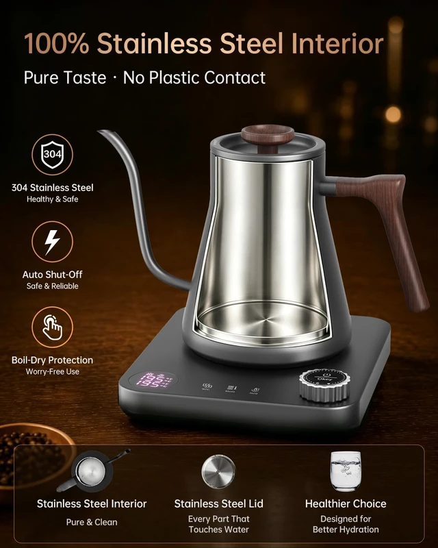 Alt view image 5 of 7 - Gooseneck Electric Kettle with Temperature Control, 0.9L, Gray Wood | ±1°F Precision Pour Over Kettle, LCD Dual Display, Smart Two-Stage Heating, 2H Keep Warm, 304 Stainless Steel Interior