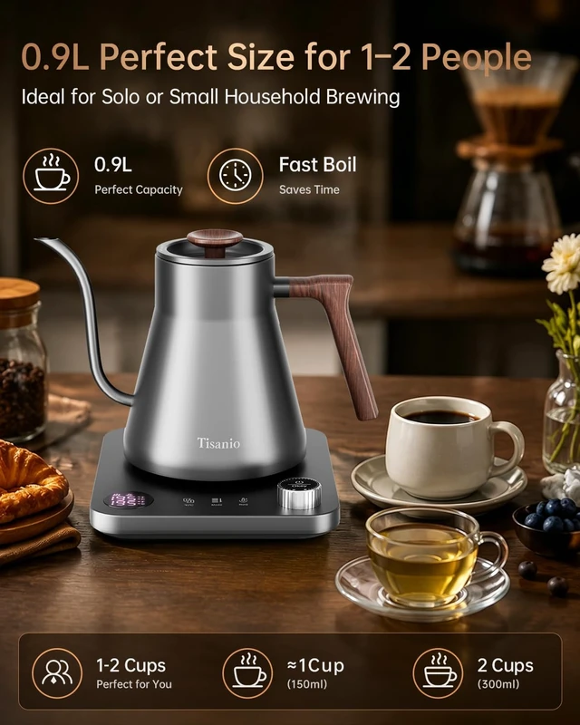 Alt view image 6 of 7 - Gooseneck Electric Kettle with Temperature Control, 0.9L, Gray Wood | ±1°F Precision Pour Over Kettle, LCD Dual Display, Smart Two-Stage Heating, 2H Keep Warm, 304 Stainless Steel Interior