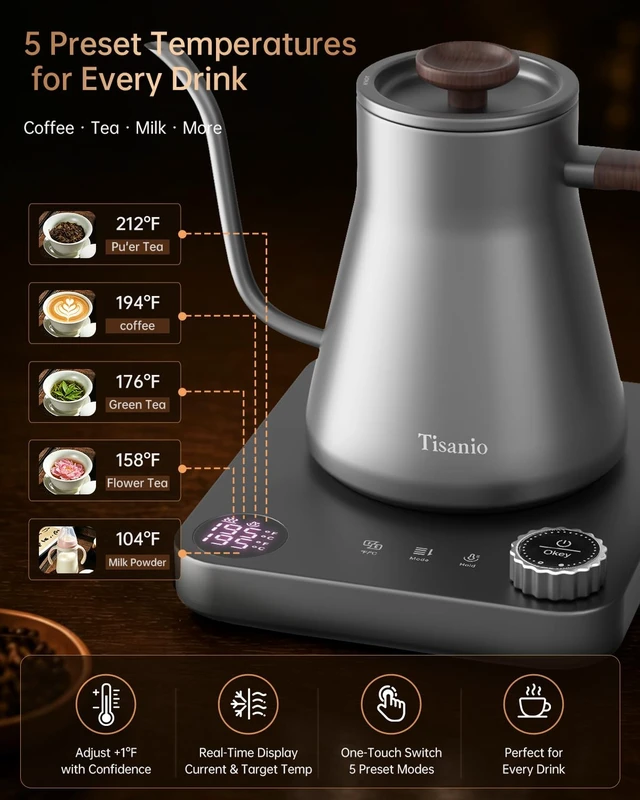 Alt view image 7 of 7 - Gooseneck Electric Kettle with Temperature Control, 0.9L, Gray Wood | ±1°F Precision Pour Over Kettle, LCD Dual Display, Smart Two-Stage Heating, 2H Keep Warm, 304 Stainless Steel Interior