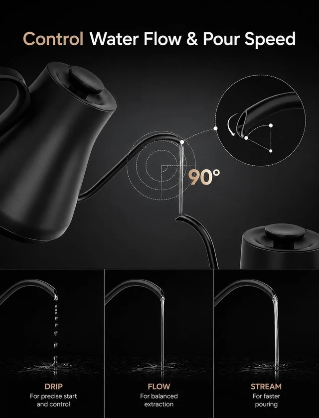 Alt view image 4 of 7 - FLOW B9 Gooseneck Electric Kettle ±1°F Temperature Control | Pour Over Coffee & Tea, 0.9L Capacity, 1500W Fast Heating, 60-Minute Keep Warm, Brew Timer, Matte Black