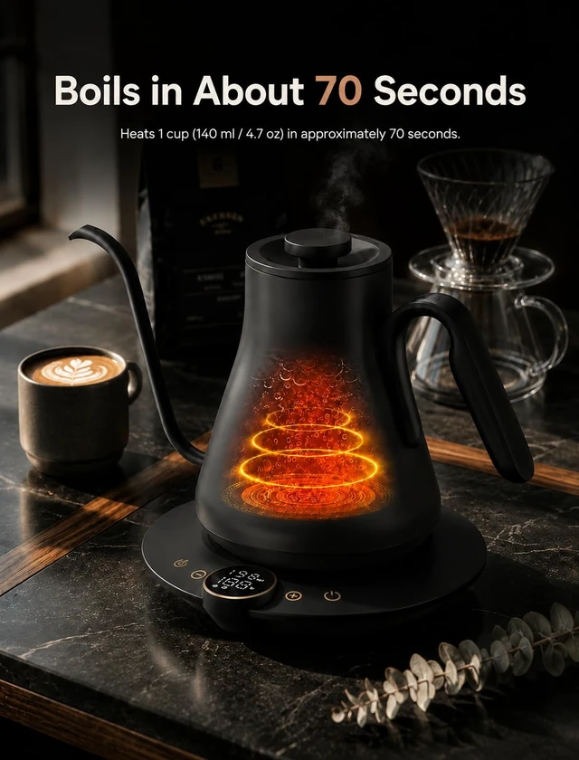 Alt view image 5 of 7 - FLOW B9 Gooseneck Electric Kettle ±1°F Temperature Control | Pour Over Coffee & Tea, 0.9L Capacity, 1500W Fast Heating, 60-Minute Keep Warm, Brew Timer, Matte Black