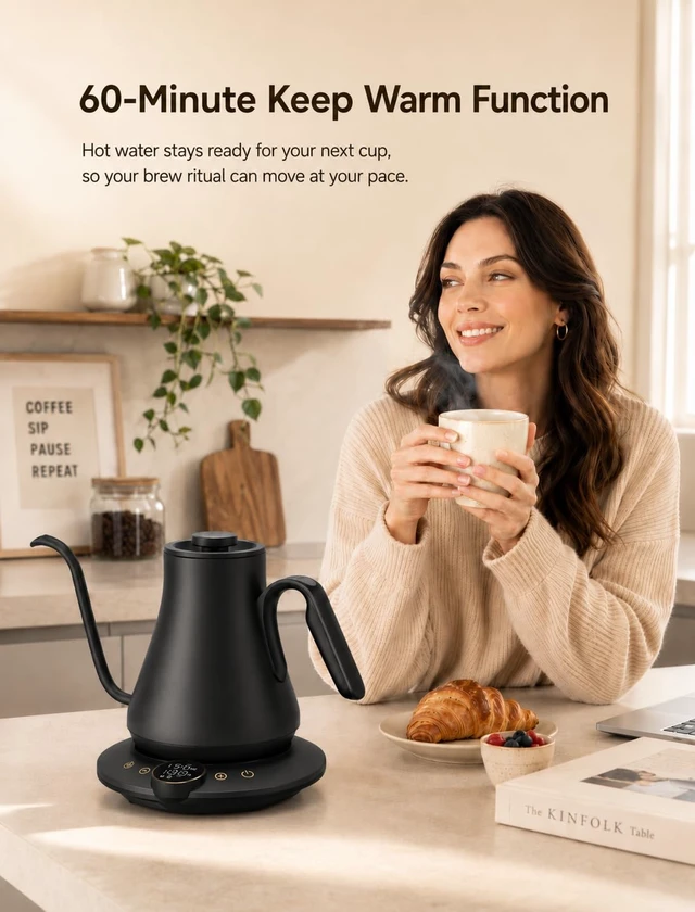 Alt view image 6 of 7 - FLOW B9 Gooseneck Electric Kettle ±1°F Temperature Control | Pour Over Coffee & Tea, 0.9L Capacity, 1500W Fast Heating, 60-Minute Keep Warm, Brew Timer, Matte Black