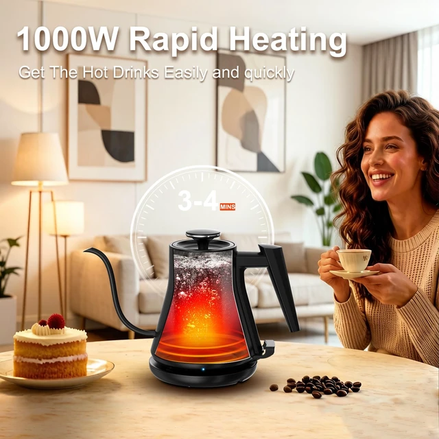 Alt view image 2 of 7 - Gooseneck Electric Kettle 0.8L (27oz) - 1000W Rapid Fast Boiling Tea Kettle with Auto Shut Off & Boil-Dry Protection, Stainless Steel Leak-Proof Water Boiler for Pour Over Coffee, Black