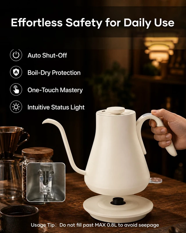 Alt view image 6 of 7 - Gooseneck Electric Kettle 0.8L, Fast Boil Pour Over Coffee, Tea | 1440W Fast Boil, 304 Stainless Steel Interior, Gooseneck Precision Spout, Auto Shut-Off & Boil-Dry Protection, Morandi White