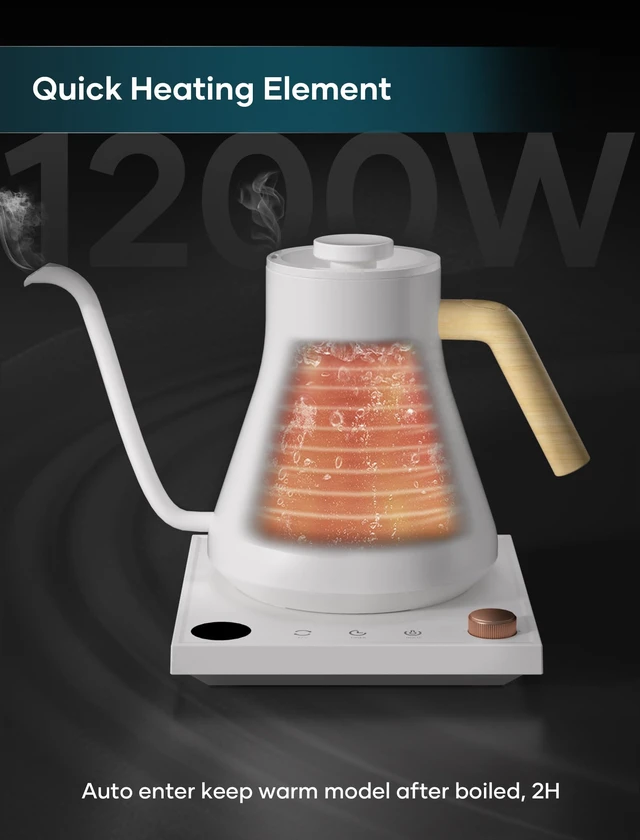 Alt view image 3 of 7 - Electric Kettles, Gooseneck Electric Kettle, ±1 Temperature Control, Stainless Steel Inner, Quick Heating, for Pour Over Coffee, Brew Tea, Boil Hot Water, 0.9L (White)