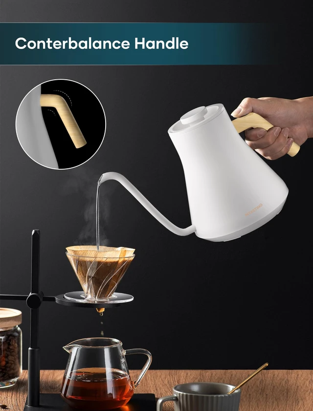 Alt view image 4 of 7 - Electric Kettles, Gooseneck Electric Kettle, ±1 Temperature Control, Stainless Steel Inner, Quick Heating, for Pour Over Coffee, Brew Tea, Boil Hot Water, 0.9L (White)