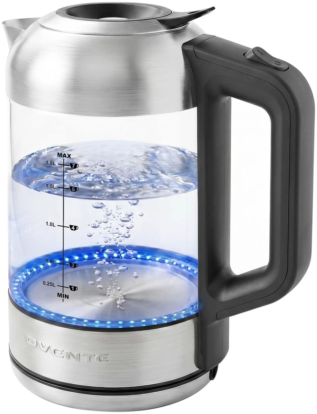 Main image of 1.8L Glass Electric Kettle Water Boiler, Silver KG751S | 1500W Fast Boiling, Easy Fill Lid, Borosilicate Glass, BPA-Free, Blue LED, Auto Shut-Off, Boil-Dry Protection, Cordless