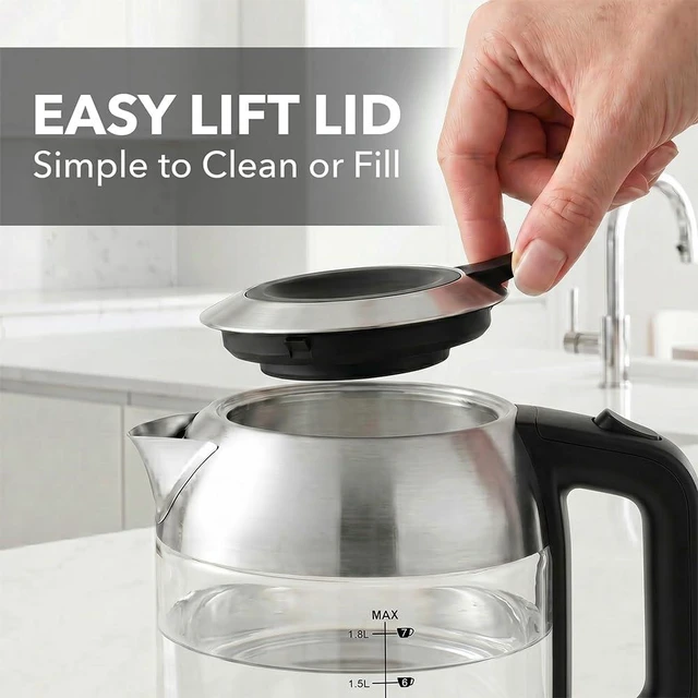 Alt view image 6 of 7 - 1.8L Glass Electric Kettle Water Boiler, Silver KG751S | 1500W Fast Boiling, Easy Fill Lid, Borosilicate Glass, BPA-Free, Blue LED, Auto Shut-Off, Boil-Dry Protection, Cordless