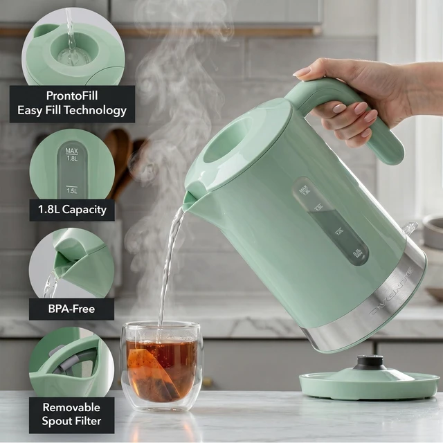 Alt view image 3 of 7 - 1.8L Electric Kettle, BPA-Free with Easy-Fill Lid, Teal KP413LBL | 1500W Fast Boiling Water Heater, Auto Shut-Off, Boil-Dry Protection, 360° Swivel Base, Clear-View Window, Removable Filter