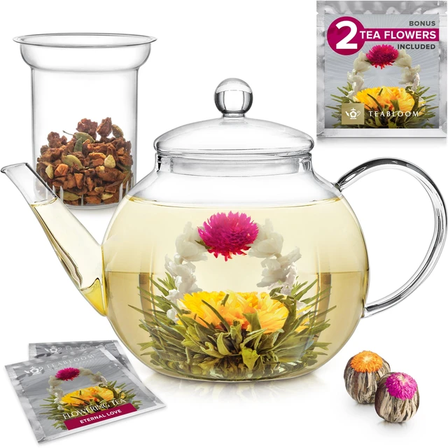 Main image of Stovetop & Microwave Safe Glass Teapot with Removable Loose Tea Glass Infuser Includes 2 Blooming Teas 2-in-1 Tea Kettle and Tea Maker Tea Purist's Choice