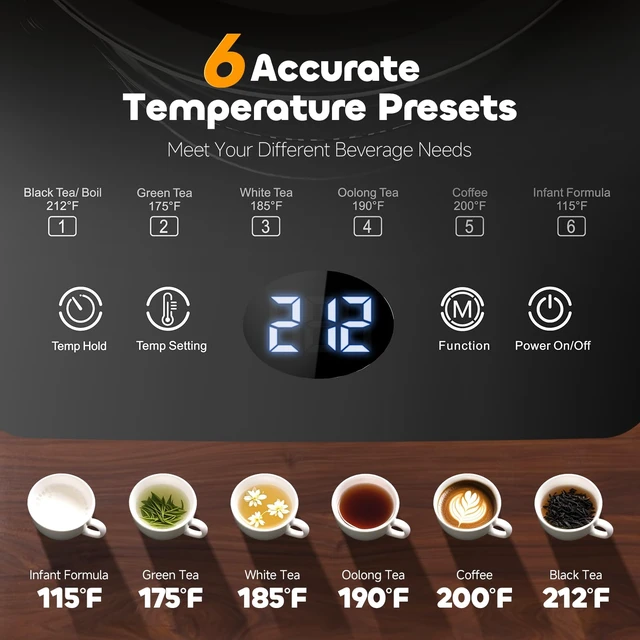 Alt view image 2 of 7 - Electric Tea Kettle with Infuser Temperature Control and Automatic Shut Off 24 H Keep Warm for Coffee Water Heater and Tea Pot Glass Black 1.5L