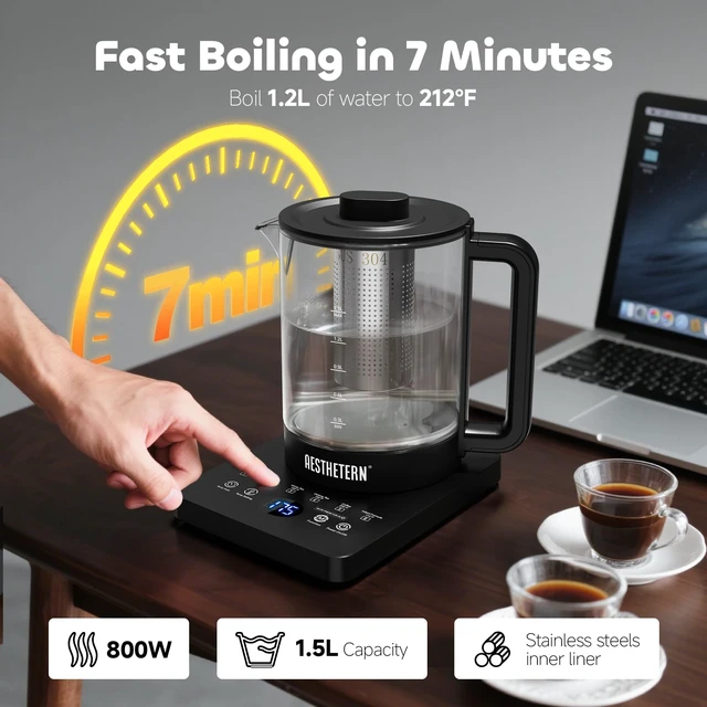 Alt view image 3 of 7 - Electric Tea Kettle with Infuser Temperature Control and Automatic Shut Off 24 H Keep Warm for Coffee Water Heater and Tea Pot Glass Black 1.5L