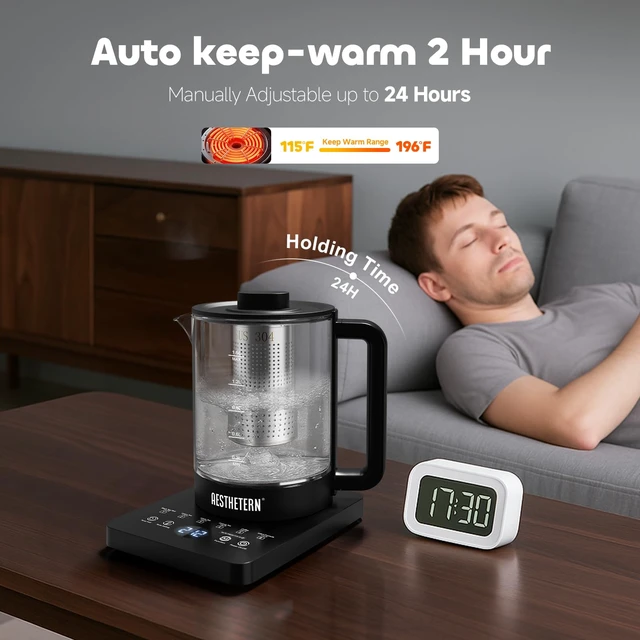 Alt view image 4 of 7 - Electric Tea Kettle with Infuser Temperature Control and Automatic Shut Off 24 H Keep Warm for Coffee Water Heater and Tea Pot Glass Black 1.5L