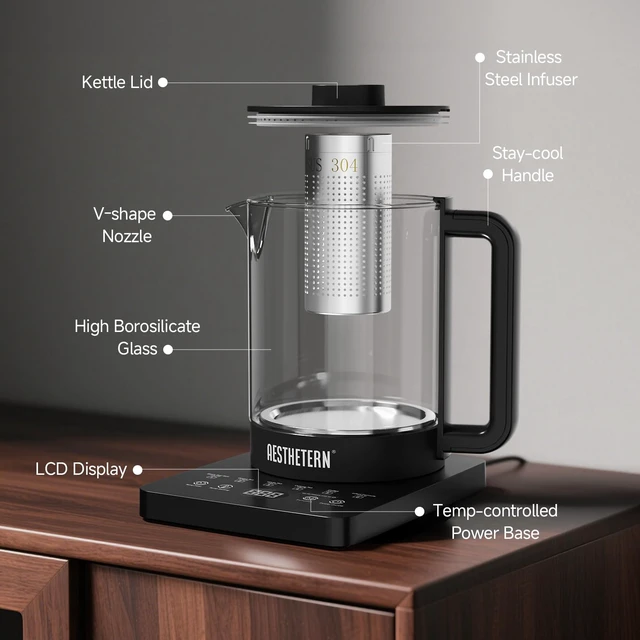 Alt view image 7 of 7 - Electric Tea Kettle with Infuser Temperature Control and Automatic Shut Off 24 H Keep Warm for Coffee Water Heater and Tea Pot Glass Black 1.5L