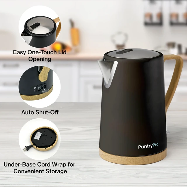 Alt view image 3 of 7 - 1.7L 1500W Wide Mouth Electric Kettle - Stainless Steel Interior - Rapid-Boil - Auto Shut-Off, Boil-Dry Protection, Cool-Touch, LED Indicator - Black