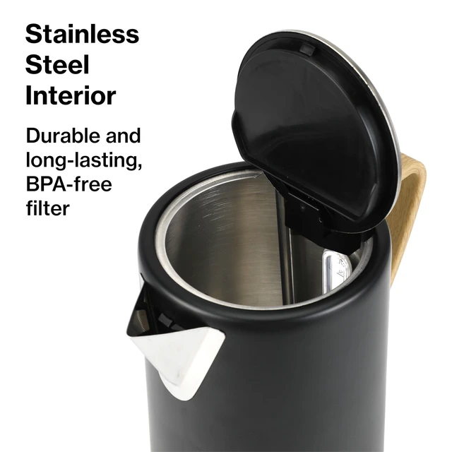Alt view image 7 of 7 - 1.7L 1500W Wide Mouth Electric Kettle - Stainless Steel Interior - Rapid-Boil - Auto Shut-Off, Boil-Dry Protection, Cool-Touch, LED Indicator - Black