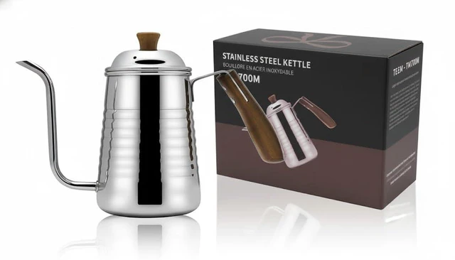 Main image of Small & Elegant Stainless Steel Gooseneck Kettle with Wooden Handle and Gift Box 700ml (24oz) Pour Over Coffee & Tea, Precision Spout for Water Flow Control, Stainless Steel, Durable Polished Finish