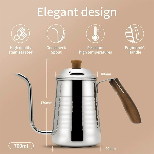 Alt view image 2 of 7 - Small & Elegant Stainless Steel Gooseneck Kettle with Wooden Handle and Gift Box 700ml (24oz) Pour Over Coffee & Tea, Precision Spout for Water Flow Control, Stainless Steel, Durable Polished Finish