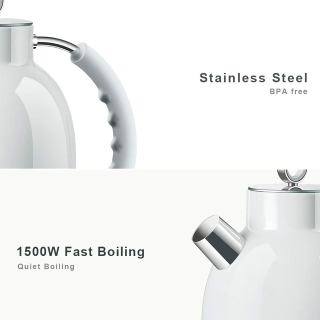 Alt view image 2 of 7 - Electric Kettle, 1.5L Stainless Steel Water Boiler, White | 1500W Retro Tea Heater & Boiling Kettle, Auto Shut-Off and Boil-Dry Protection