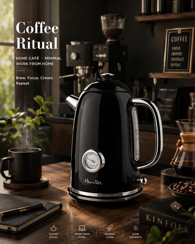 Alt view image 2 of 7 - Electric Kettle, 1.8L Retro Electric Tea Kettle with Thermometer, 1500W Stainless Steel Hot Water Kettle Electric with LED Indicator, Fast Boiling, Cordless, Auto Shut-Off, Black