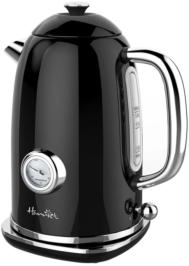 Main image of Electric Kettle, 1.8L Retro Electric Tea Kettle with Thermometer, 1500W Stainless Steel Hot Water Kettle Electric with LED Indicator, Fast Boiling, Cordless, Auto Shut-Off, Black