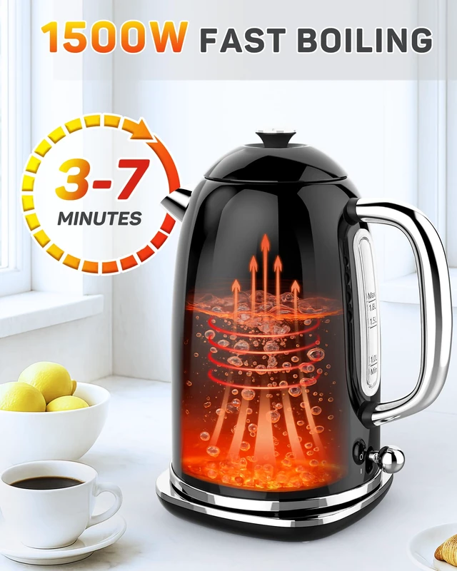 Alt view image 3 of 7 - Electric Kettle, 1.8L Retro Electric Tea Kettle with Thermometer, 1500W Stainless Steel Hot Water Kettle Electric with LED Indicator, Fast Boiling, Cordless, Auto Shut-Off, Black