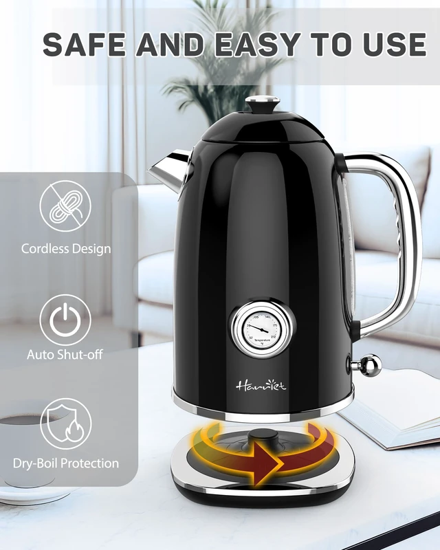 Alt view image 4 of 7 - Electric Kettle, 1.8L Retro Electric Tea Kettle with Thermometer, 1500W Stainless Steel Hot Water Kettle Electric with LED Indicator, Fast Boiling, Cordless, Auto Shut-Off, Black