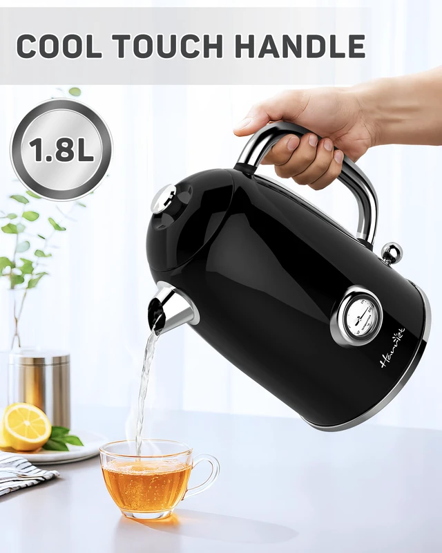 Alt view image 5 of 7 - Electric Kettle, 1.8L Retro Electric Tea Kettle with Thermometer, 1500W Stainless Steel Hot Water Kettle Electric with LED Indicator, Fast Boiling, Cordless, Auto Shut-Off, Black