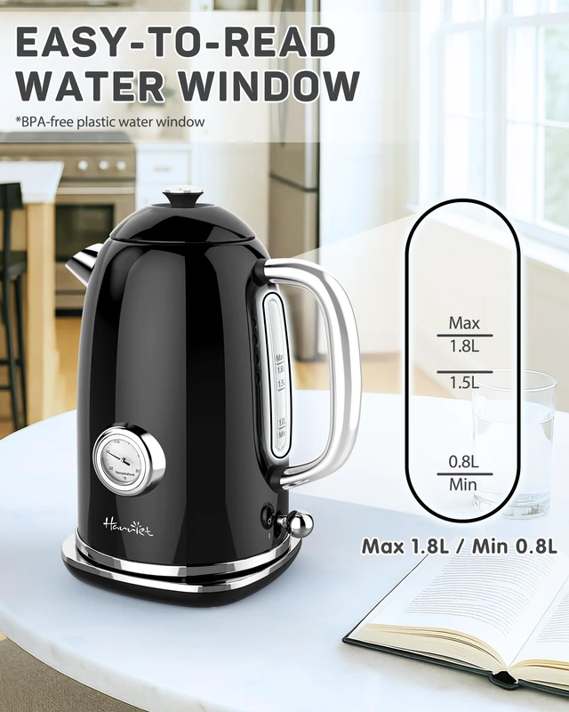 Alt view image 6 of 7 - Electric Kettle, 1.8L Retro Electric Tea Kettle with Thermometer, 1500W Stainless Steel Hot Water Kettle Electric with LED Indicator, Fast Boiling, Cordless, Auto Shut-Off, Black