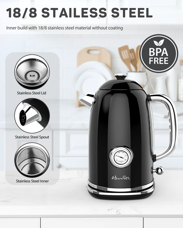 Alt view image 7 of 7 - Electric Kettle, 1.8L Retro Electric Tea Kettle with Thermometer, 1500W Stainless Steel Hot Water Kettle Electric with LED Indicator, Fast Boiling, Cordless, Auto Shut-Off, Black