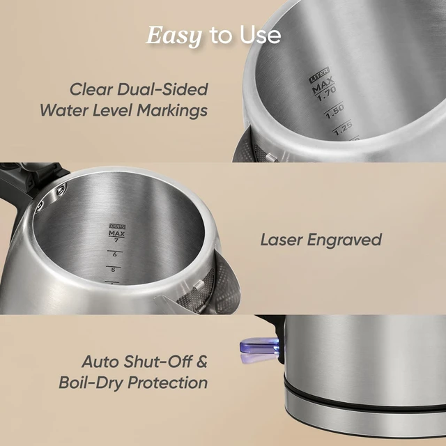 Alt view image 7 of 7 - Stainless Steel Electric Kettle, No Plastic Contact with Water, 1.7L | Easy to Clean, Auto Shut-Off, Boil-Dry Protection, Tea Kettle, Hot Water Boiler, 1500W