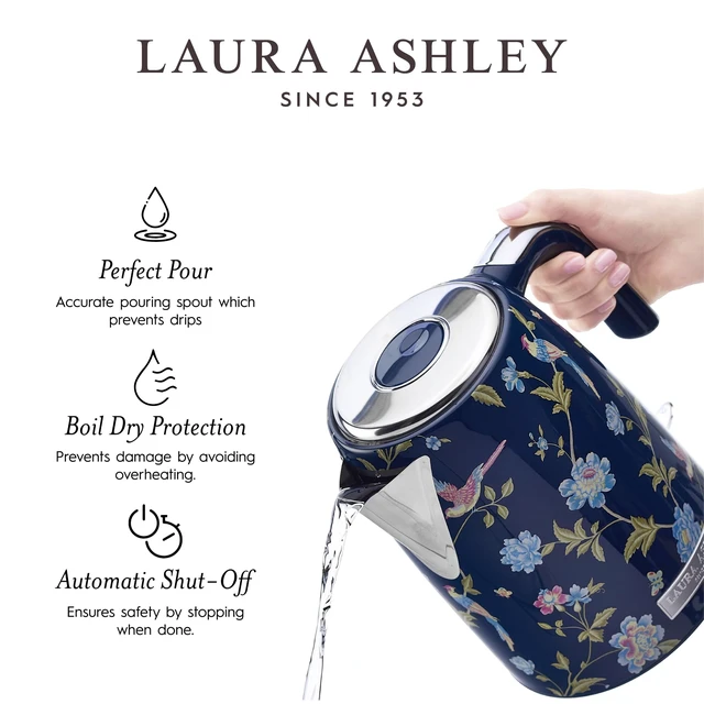 Alt view image 7 of 7 - Electric Kettles for Boiling Water, 1.7L Electric Tea Kettle | Elveden Navy Floral Print, Energy Efficient, Stainless Steel, Automatic Shut Off, Cool Touch Handle, Water Level Indicator
